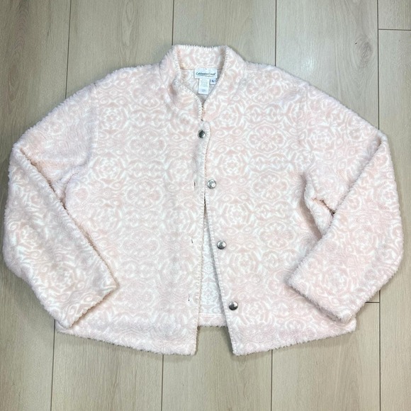 Coldwater Creek Jackets & Blazers - Vintage Coldwater Creek‎ Pink Fleece Button Jacket L Floral Print USA Made